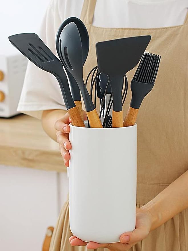 Ceramic Utensil Holder, Black Kitchen Utensil Holder for Countertop Large Utensil Crock Modern Cooking Utentsils Holder Kitchen Spatula Holder Farmhouse Kitchen Decor for Counter Organizer(Grey/L)
