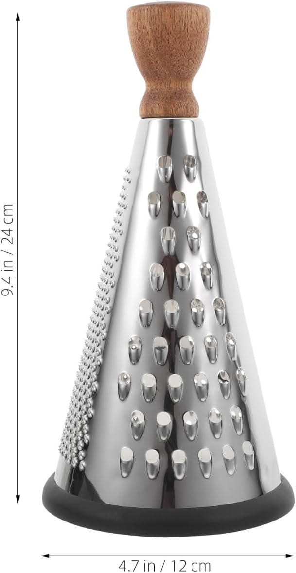 Cabilock 9.44 Inch Stainless Steel Cheese Grater with Wooden Handle Multifunctional Cone-Shaped Hand Grater for Cheese Vegetables and Fruit in Home Kitchen