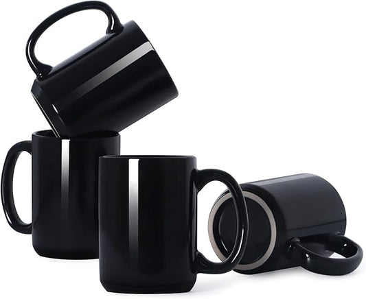 16 OZ Porcelain Coffee Mugs, Classic Blank Ceramic Cup with Large Handle for Tea Latte Cappuccino, Set of 4, Black