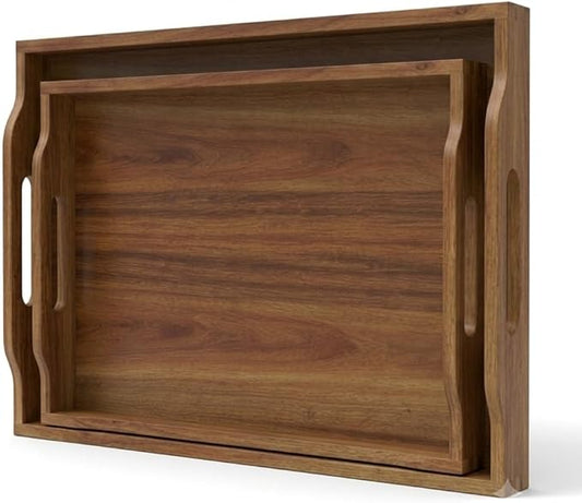 2 Pack Acacia Wood Serving Trays - Rectangular Food-Grade Wooden Trays for Kitchen, Dining, Party, Breakfast, Snack & Decor