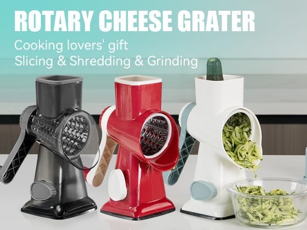 3 in 1 Manual Vegetable Cutter Machine with Stainless Steel Changeable Blades Rotary Cheese Grater Kitchen Tool Potato Slicer Shredder Nuts Chocolate Chopper (White blue)
