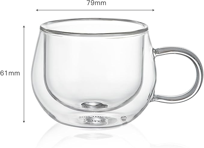 Bacimi® Double Wall Insulated Espresso Coffee Cups 3.5oz Clear Borosilicate Cup with Handle - Thermal Drinking Cups for Espresso, Cappuccino, Latte, Tea, Hot Beverage, Wine - Microwave Safe Set of 4