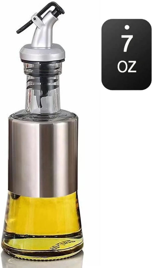 Mincham Olive Oil Dispenser - 7oz (200ml) Glass & Stainless Steel Oil & Vinegar Cruet with No-drip Spout & Pouring Funnel