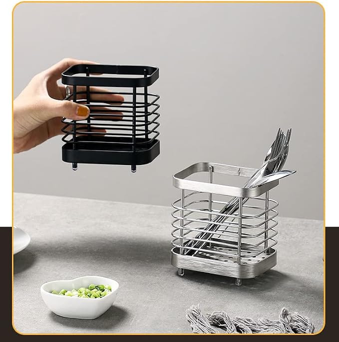 Cutlery Drainer, Stainless Steel Utensil Holder Sink Caddy, Rust Proof Sink Tidy Kitchen Sink Organiser, Cutlery Holder for Kitchen Counter (Silver)