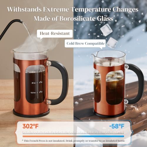 Veken French Press Coffee Maker,No Plastic Touching Cafe,34oz 1L Cafetera,Heat Resistant Thickened Borosilicate Glass Stainless Steel Brewer,Pot for Kitchen,Travel,Camping,Tea,Gifts,Copper (Pack of 2)