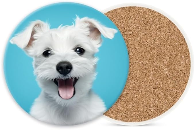 Ceramic Drink Coasters Absorbent Set of 1, White Puppy on Blue Background Round Anti Slip Modern Cup Coasters for Desk Kitchen Office Housewarming Hostess Gifts (4 * 4 Inch)