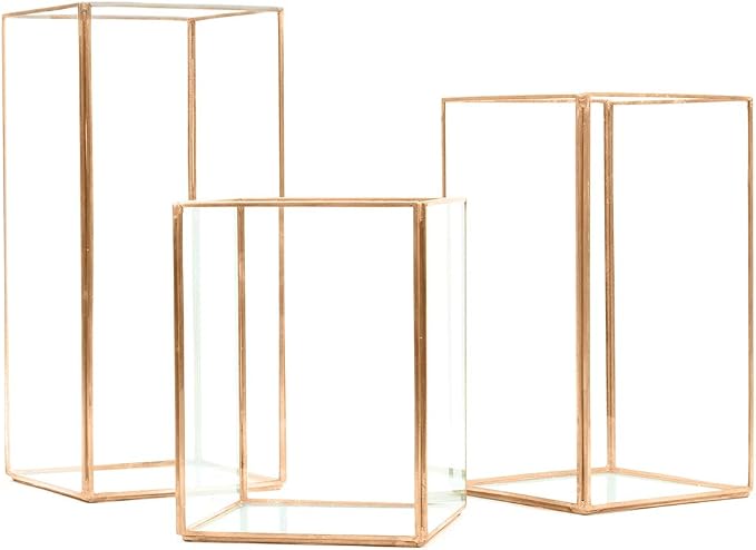 Koyal Wholesale 3PC Copper Candle Holder Lantern, Geometric Hurricane Candle Holder for Wedding Centerpieces, Table Decorations, Copper Lantern Decor for Events, Parties, and Home Centerpiece Display