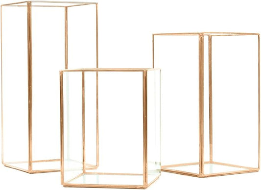 Koyal Wholesale 3PC Copper Candle Holder Lantern, Geometric Hurricane Candle Holder for Wedding Centerpieces, Table Decorations, Copper Lantern Decor for Events, Parties, and Home Centerpiece Display
