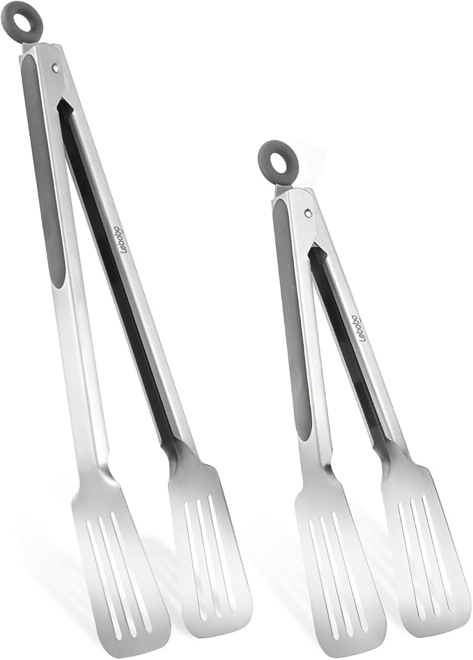 Metal Tongs for Cooking, Set of 2 Stainless Steel Spatula Tongs for Grilling, Cooking and Flipping, Strong Grip for Ribs, Steak and Fish, Comfortable Grip, Pull Lock, 9 inch & 12 inch, Gray