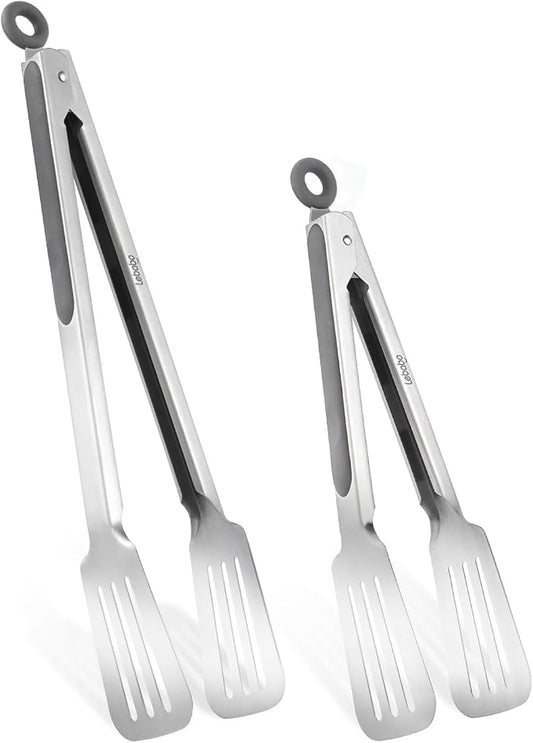 Metal Tongs for Cooking, Set of 2 Stainless Steel Spatula Tongs for Grilling, Cooking and Flipping, Strong Grip for Ribs, Steak and Fish, Comfortable Grip, Pull Lock, 9 inch & 12 inch, Gray