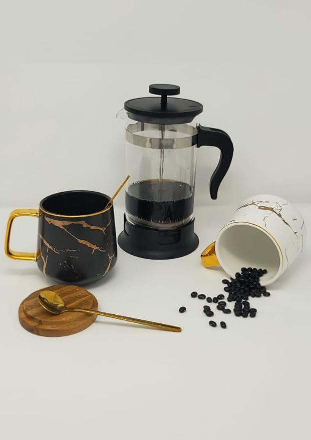 Classic Ceramic Kintsugi Style Coffee Tea Mug with Gold Inlay, Spoon and Bamboo Lid- 12 OZ, Set of 2- Large Mugs, Unique Design, Perfect Novelty Gift- Dishwasher Safe