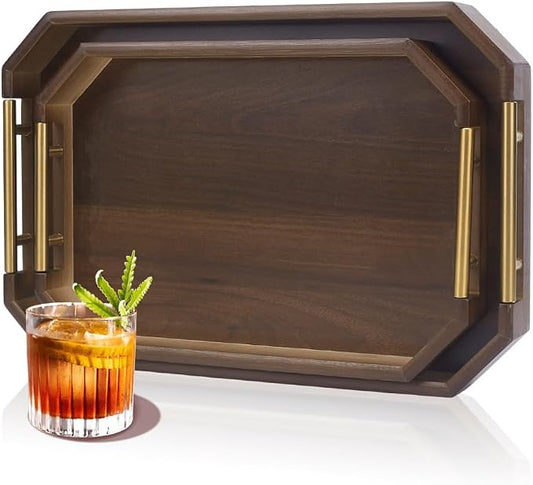 2pcs Wooden Serving Trays for Party with Metal Handles Octagonal Ottoman & Decorative Tray for Coffee Table Jewelry Tea Food Breakfast Eating Tray for Rustic Home & Kitchen Decor