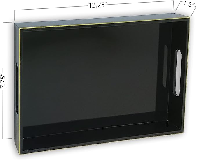 Handcrafted Wooden Serving Tray | Tray with Handle for Snacks, Tea, Kitchen, Coffee Table, Dining | High Gloss Finish with Gold Trim |12.25 x 7.75 x 1.5 inches (Charcoal Black)