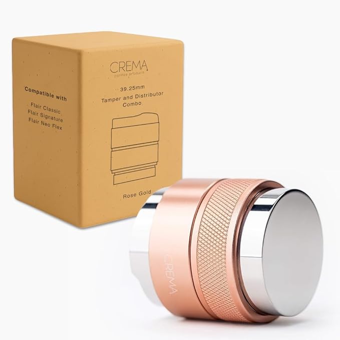 CREMA Coffee Products 39.25mm Hand Tamper & Coffee Distributor for Flair | Compatible w/Classic, Signature, & Neo | Double-Sided, Adjustable Depth Tool | 304 Stainless Steel | Rose Gold