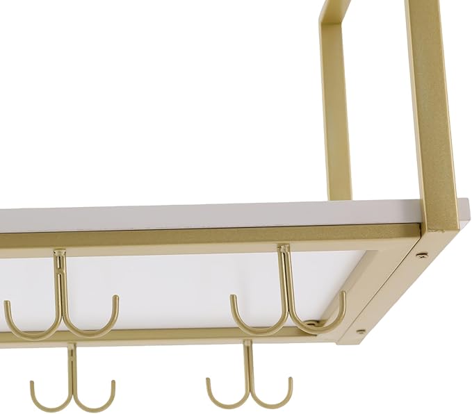 Industrial Wall Mounted Wine Rack with Glass Holder Shelf, Metal Ceiling Hanging Stemware Rack, Floating Storage Shelf for Bar Cafe Kitchen Restaurant