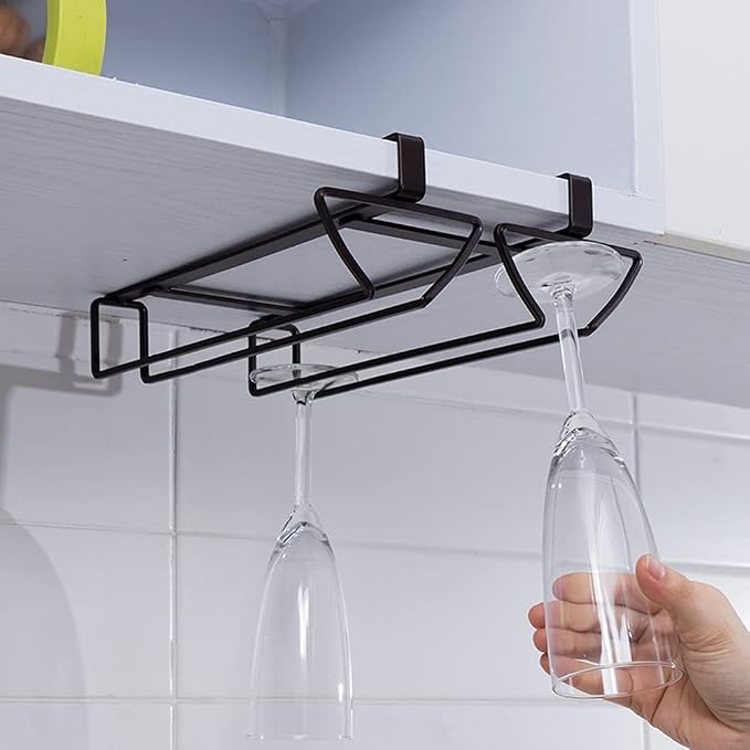 Hanging Wine Glass Holder Rack with 2 Rows, Nails-Free Under Cabinet Stemware Rack, Holds up to 8 Glasses, Glasses Storage Hanger for Home Kitchen Décor-Iron