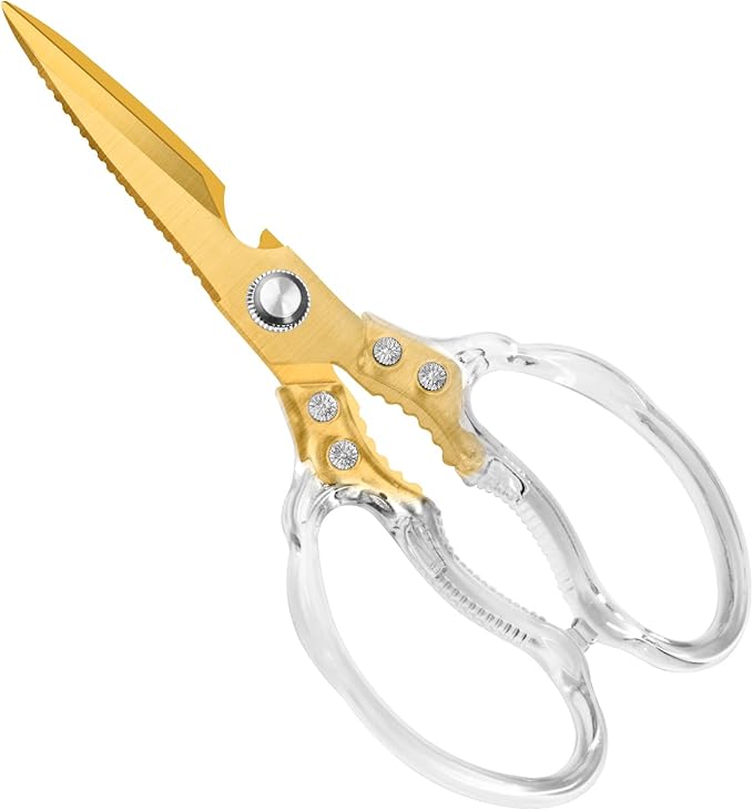 CGBE Kitchen Scissors, Multi-Purpose Kitchen Shears, Heavy Duty Food Scissors for Chicken, Poultry, Fish, Meat & Herbs with Non-Slip Grips - Transparent Gold