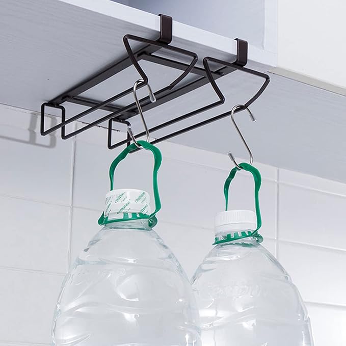 Hanging Wine Glass Holder Rack with 2 Rows, Nails-Free Under Cabinet Stemware Rack, Holds up to 8 Glasses, Glasses Storage Hanger for Home Kitchen Décor-Iron