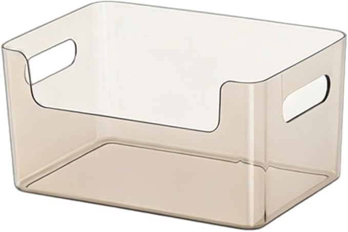 Transparent plastic storage box with lid and handle, stackable kitchen organizer for refrigerator, cabinet, pantry, bathroom, and office (Tea color (without lid), S)