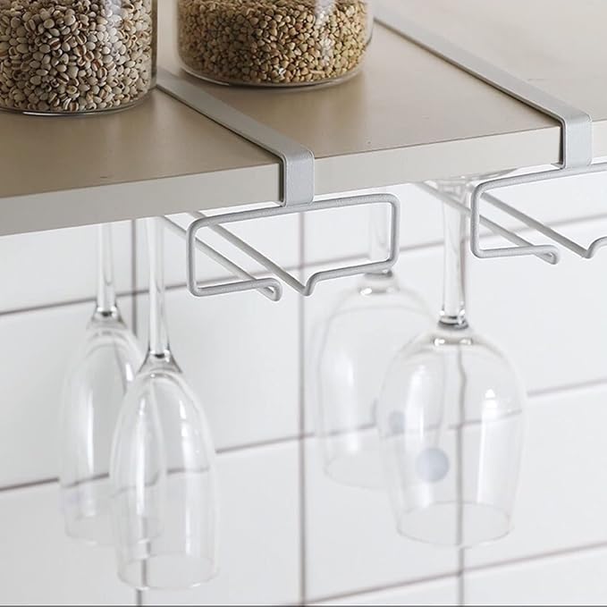 Metal Stemware Rack, Multifunction Wine Glass Holder Under Cabinet, No Drilling Champagne Goblets Storage Shelf, Home Glass Hanging Holder, 2 Rows (Color : White)