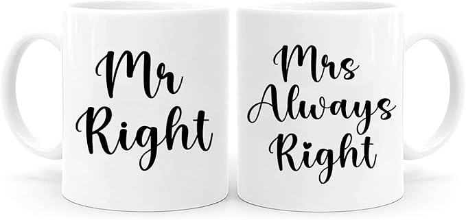 Mr Right Mrs Always Right Coffee Mug Set, Gifts Ideas for Couples, Wedding Anniversary, Engagement, His & Hers, Bride and Groom, Parents, Newlyweds Bridal Shower, 11Oz Ceramic