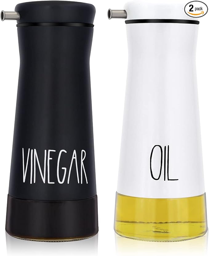 Aelga Black and White Oil And Vinegar Dispenser Set - 2 Pack Glass Oil Dispenser Bottle for Kitchen with No-Drip - Cute Farmhouse Kitchen Decor and Accessories for Home Restaurants