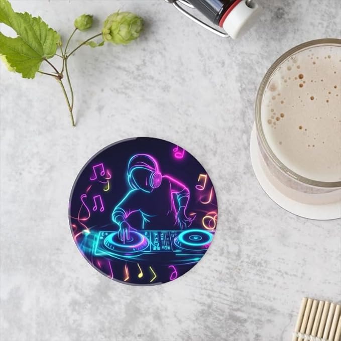 Round Ceramic Stone Cork Drink Coasters, Neon Dj Playing Music on Turntable Absorbent Removable Non-Slip Cup Mat Place for Kitchen Counter Drinks Coffee Cup Tableware Set of 1 (4 * 4 Inch)