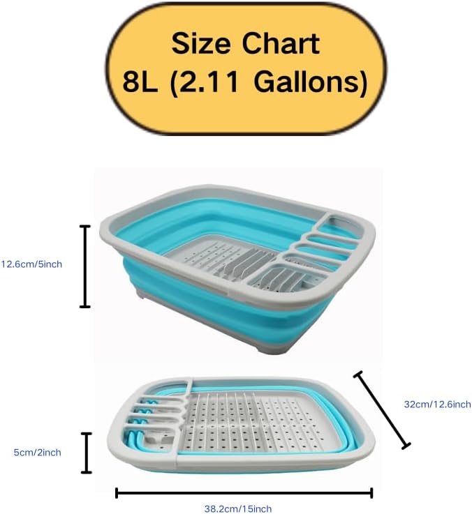 SAMMART 8L (2.11Gallons) Collapsible Plastic Dish Drainer with Drainer Board - Foldable Drying Rack Set - Portable Dinnerware Organizer - Space Saving Kitchen Storage Tray (Grey/Cyanine, 1)
