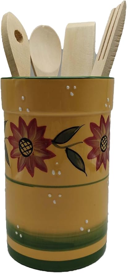 ACK Country Sunflower Hand Painted Ceramic Utensil Jar With Wooden Tool, Utensil Holder, Utensil Crock, Modern Kitchen Decor, Kitchen Storage for for Spoon, Ladle, Spatula and More