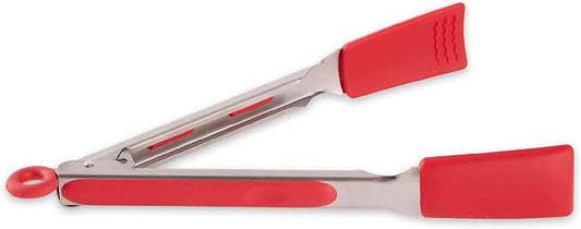 RSVP International Endurance Kitchen Utensil Collection Stainless Steel Locking Tongs for Cooking, 10.75" Length, Square Tip, Red Non-Slip Silicone
