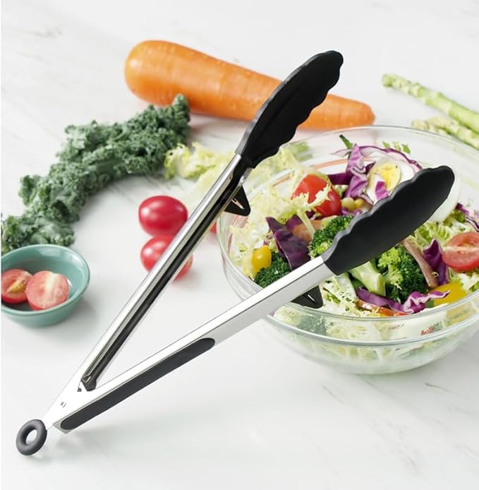 Tongs for Cooking, 12" Kitchen Tongs with Silicone Tips, Food Grade Serving Tongs Set of 3, Black