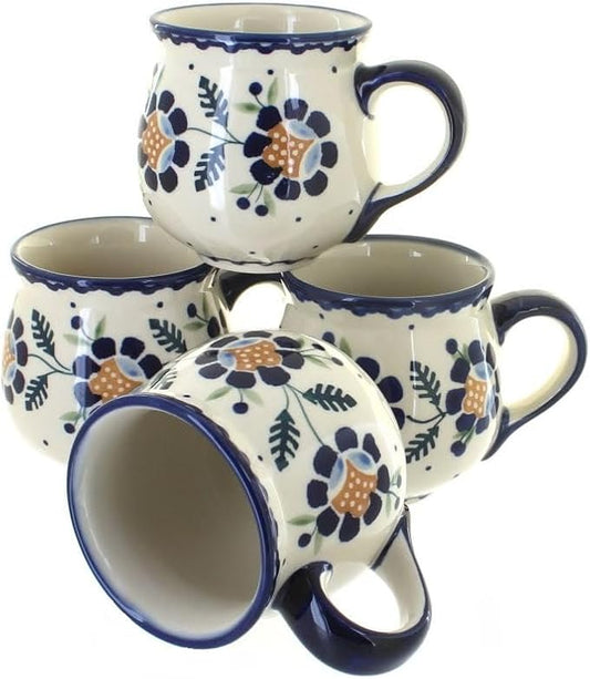 Blue Rose Polish Pottery - Yellow Sunflower 4 Piece Bubble Mug Set - 4 10 oz Mugs - Uniquely Shaped Mug Set for Entertaining Guests