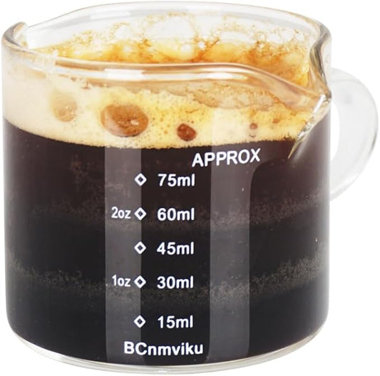 BCnmviku 1 Pack Double Spouts Measuring Triple Pitcher Milk Cup 75ML Espresso Shot Glasses Parts Clear Glass