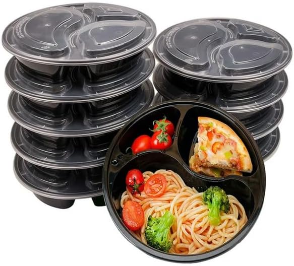 48oz - 3 Compartment - Disposable Black Bento Box with Clear Dome Lids - Round Plastic Meal Containers - Reusable Box : Perfect For Salad, Meal Prep and Fruits : Set of 100