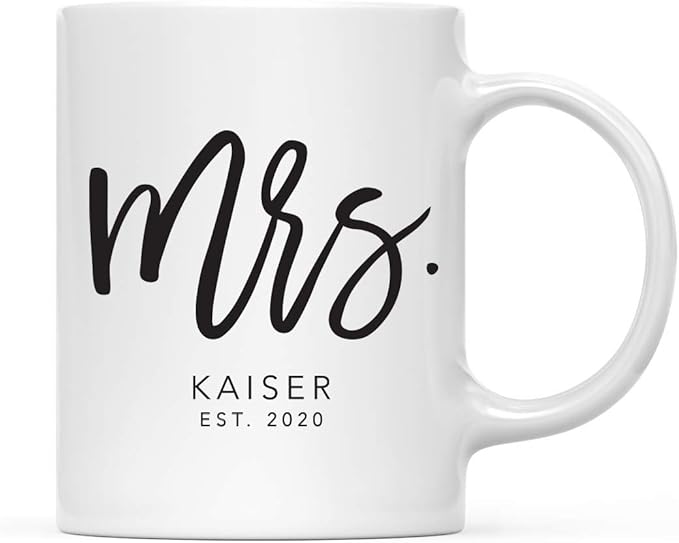 Andaz Press Personalized Name 11oz. Ceramic Ceramic Valentines Day Coffee Mugs Wedding Anniversary Couples Gift Set, Mrs. Mrs. Kaiser Est. 2026, Script Style, 2-Pack, Custom Names, Long Distance Gift