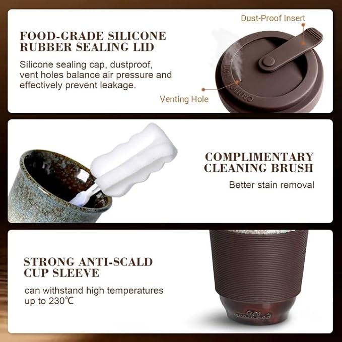 13oz Ceramic Coffee Mug with Lids 2 Sets, Travel Coffee Cup Leak-proof Fit Car Holder, Portable Mug Set w/Silicon Sleeve Pb Cd Free, Gift for Mother Father Birthday Wedding