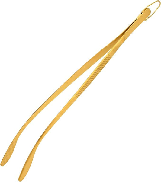Snailhouse Kitchen Tweezer Tong, 12 Inches Stainless Steel Heavy Duty Long Fine Chef Metal Skinny Cooking Tweezers for Serving Food, Gold