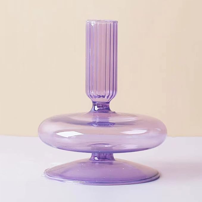 Glass Candlestick Holders Simple Creative Glass Vase Candle Holder Colorful Glass Pillar Candle Stand Candlestick Wavy Elegant Glass Candlestick for Home Centerpiece (Purple G)