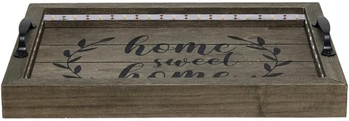 Elegant Designs HG2032-RGS Salento Farmhouse Rectangular Decorative LED Light Up Wooden Serving Tray w Metal Handles & Home Sweet Home in Black for Décor, Centerpiece, Breakfast, Bar, Rustic Gray