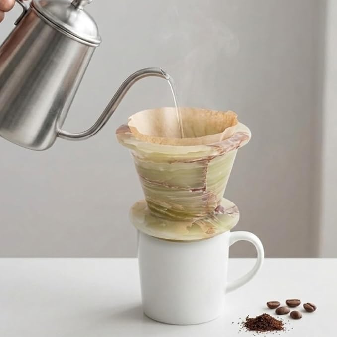 Marble Pour Over Dripper – 4.5 Inch Green Onyx Handmade Coffee Filter Dripper, Manual Pour Over Coffee Maker, Reusable Coffee Brewing Cone for Kitchen Coffee Bar