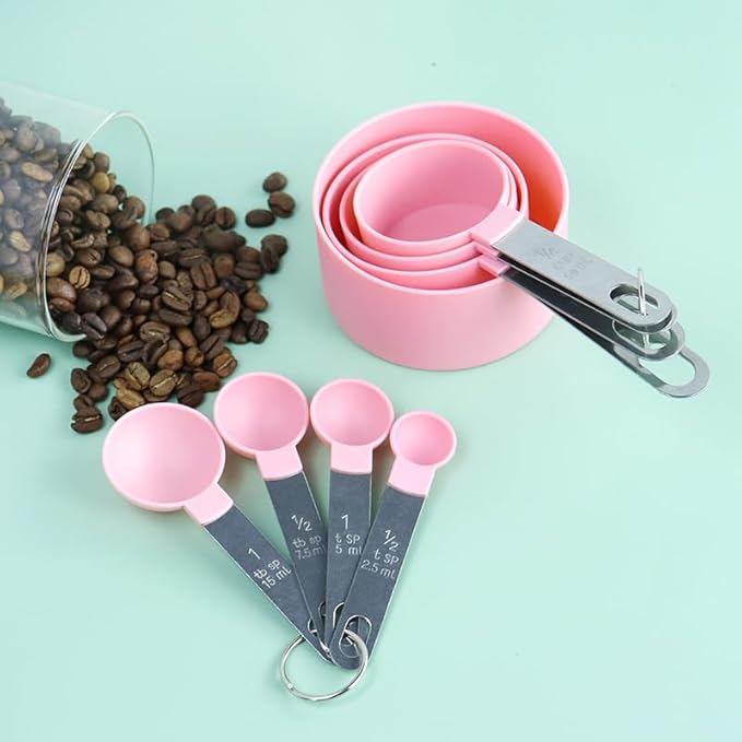 8 Pcs Measuring Cups and Spoons Set, Includes 4 Stainless Steel Nesting Measuring Cups & 4 Mini Measuring Spoons,Stackable Handle Accurate Tablespoon for Measuring Dry and Liquid Ingredients(Pink)