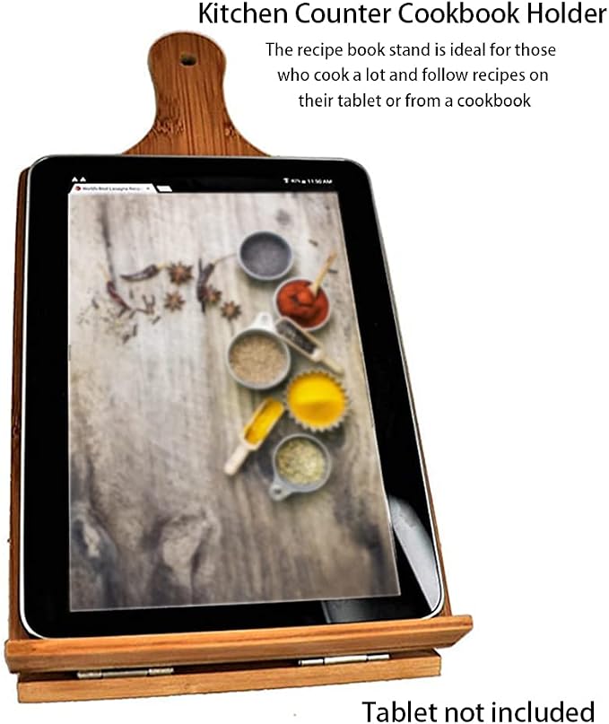 Cookbook Stand for Kitchen Counter, Rustic Cookbook Display Holder for Convenient Cooking, Adjustable Pad Tablet Recipe Book Holder, Wood Cutting Board Style Kitchen Gifts for Cooking Lovers