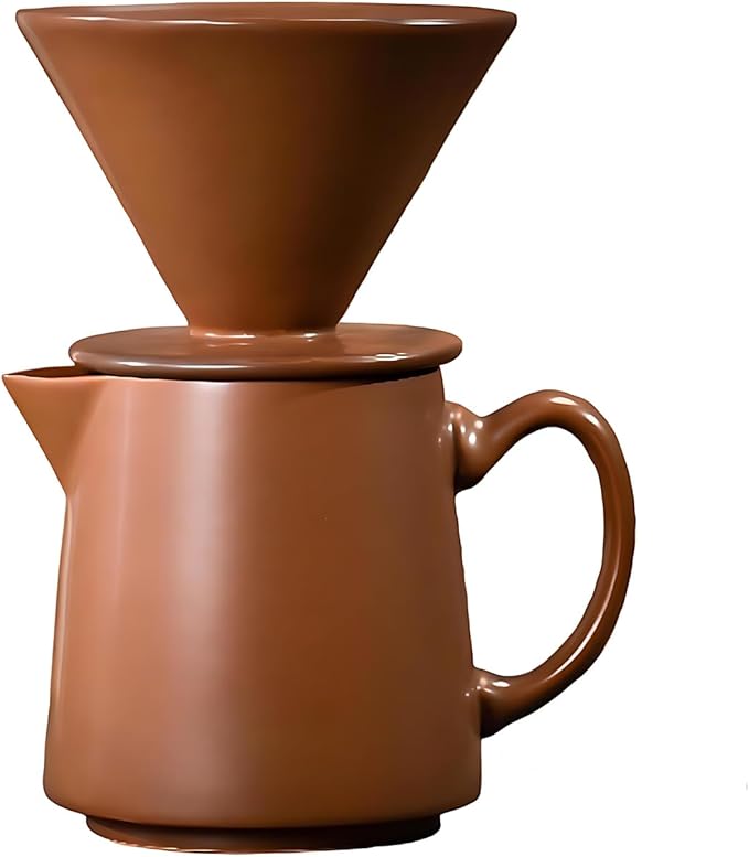 Ceramic Pour Over Coffee Dripper Vintage, Pour Over Coffee Maker Set, Filter Cup, Coffee Brewer Cone Filter, V60 Dripper & Decanter set, for Home Café Restaurant, 1-2 Cup (Brown)