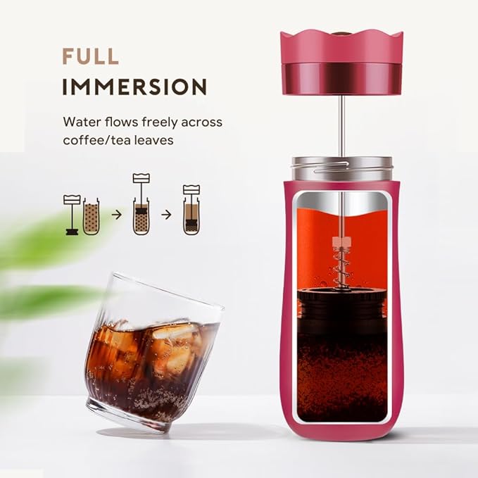 Travel Coffee Press, Vacuum Insulated Portable French Press, Stainless Steel Portable Coffee Maker/Tea Press, 12oz, Rose Red