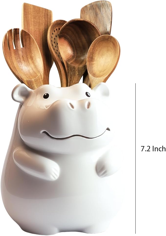 Ceramic Cartoon Animal Pattern Kitchen Utensil Holder, Large Cooking Utensil Crocks for Kitchen Countertop, Cartoon Style Utensil Organizer - Hippo