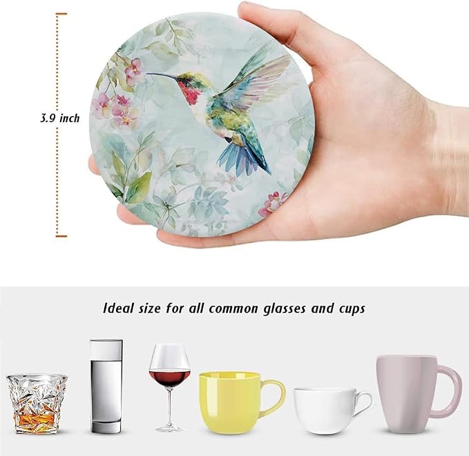 Drink Absorbent Coasters with Holder Set of 6, Ceramic Stone with Cork Base, Watercolor Hummingbird and Flowers Coaster for Drinks, Gift for Housewarming Room Bar Home Decor Kitchen