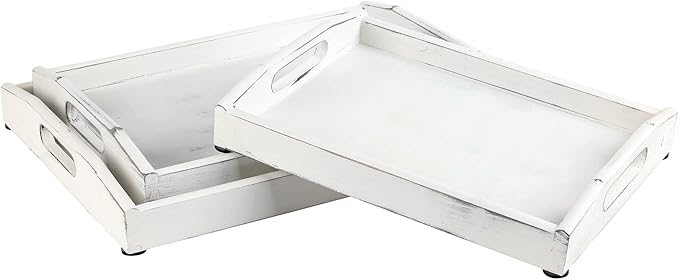 MyGift Vintage Rustic Whitewashed Wood Nesting Serving Trays/Decorative Ottoman Trays with Oval Cutout Handles, Set of 3