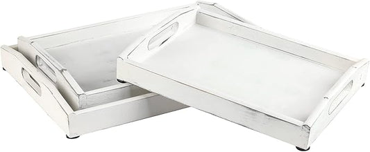MyGift Vintage Rustic Whitewashed Wood Nesting Serving Trays/Decorative Ottoman Trays with Oval Cutout Handles, Set of 3