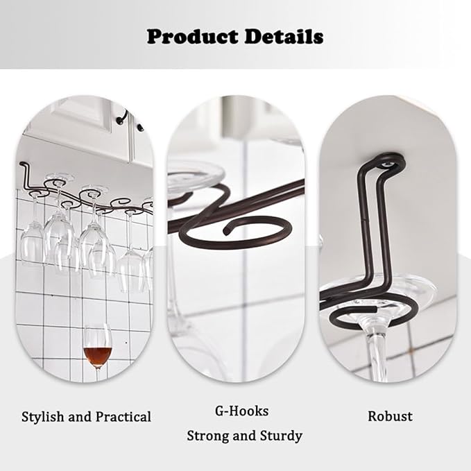 Wine Glass Rack Hanging Under Cabinet, 6/8 Hooks Stemware Holder Storage Hanger for Bar Kitchen Restaurants(30cm/12inch)