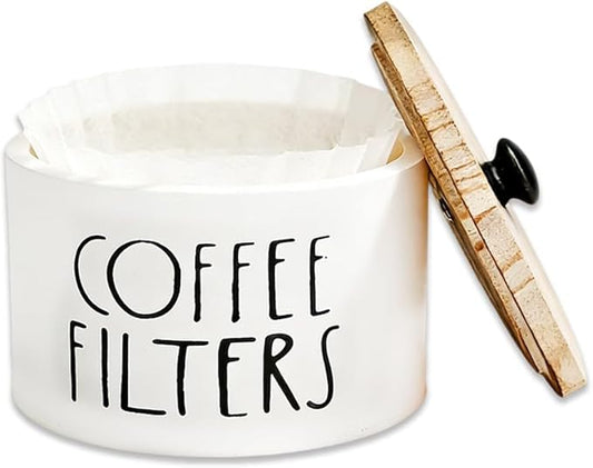 1 Pack White Coffee Filter Holder with Bamboo Lid - Large Capacity Metal Coffee Filter Dispenser Pod Organizer Basket, Bar Counter Decor Accessory